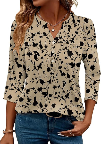 Womens Tops 3/4 Sleeve Botton Down Shirts