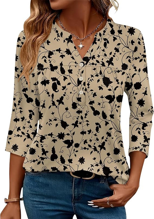 Womens Tops 3/4 Sleeve Botton Down Shirts