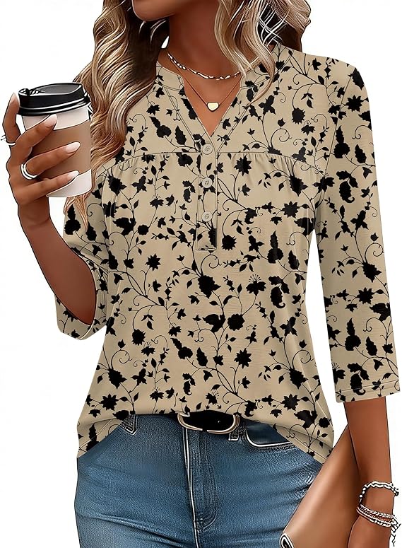 Womens Tops 3/4 Sleeve Botton Down Shirts